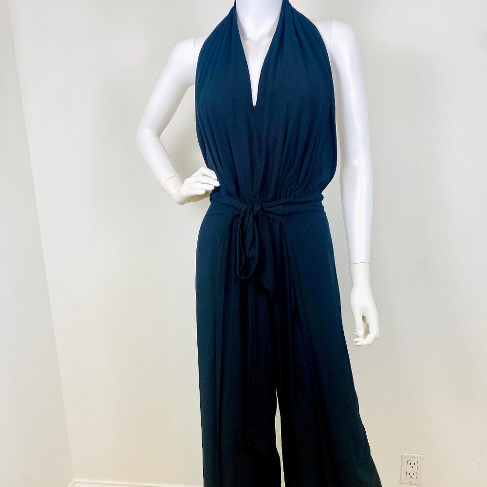 Black, Deep V-neck halter Jumpsuit with elasticated waist. S/M